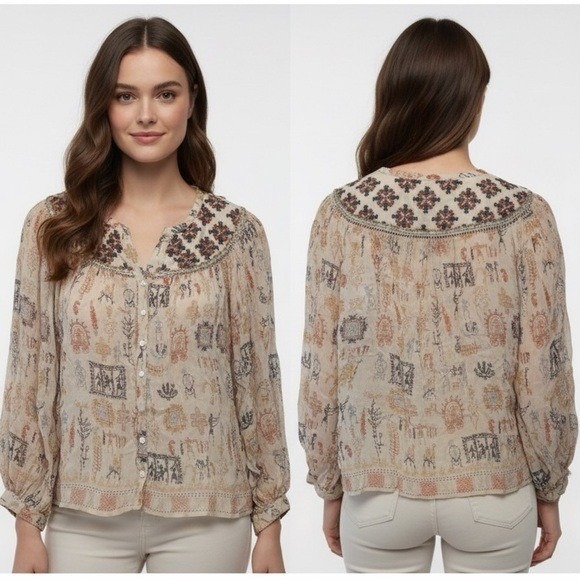 Velvet Graham Spencer Silk Blend Embroidered Beaded Boho Blouse Cream Multi